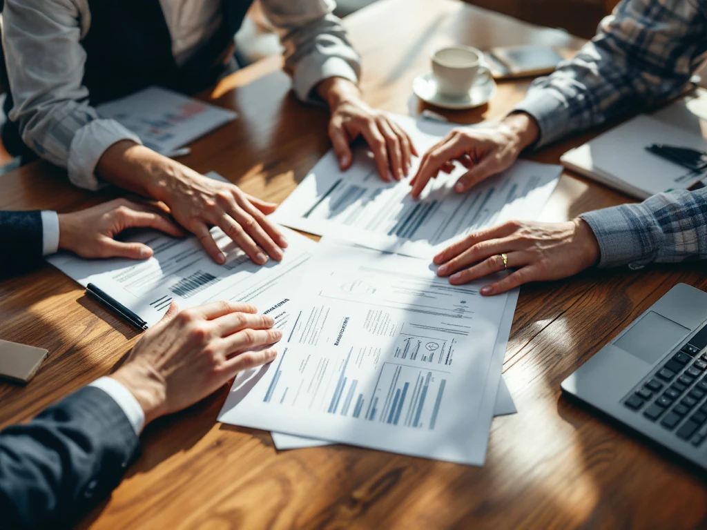 Financieel adviseur bespreekt hypotheekdocumenten met echtpaar aan bureau, handen wijzen naar papierwerk in kantoor