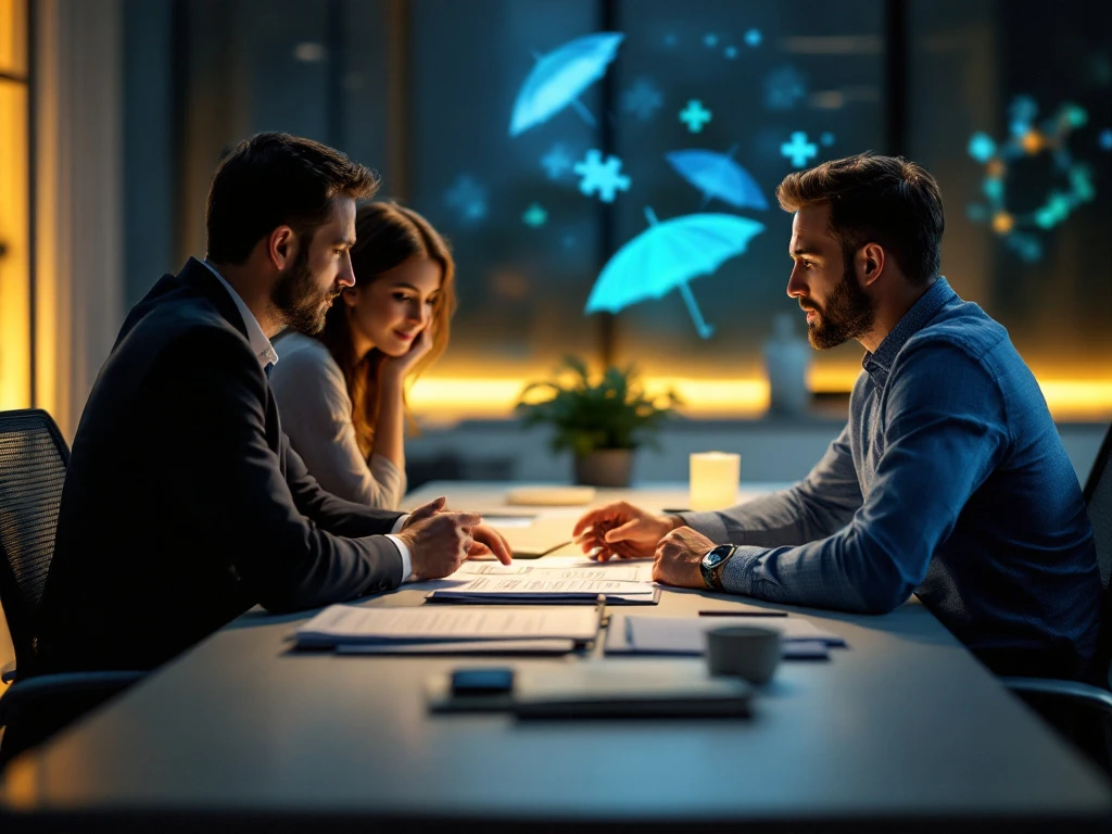 Financieel adviseur bespreekt verzekeringsdocumenten met stel in modern kantoor met vertrouwensvolle sfeer